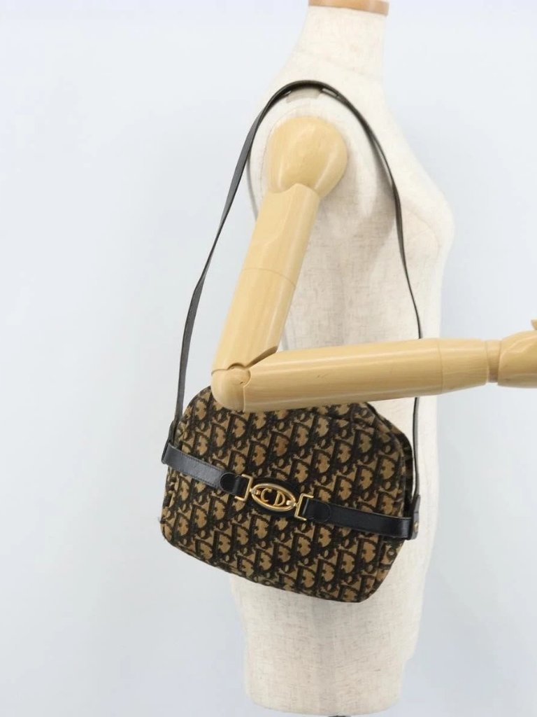 Christian Dior Trotter Canvas Shoulder Bag Navy Gold Auth 173214